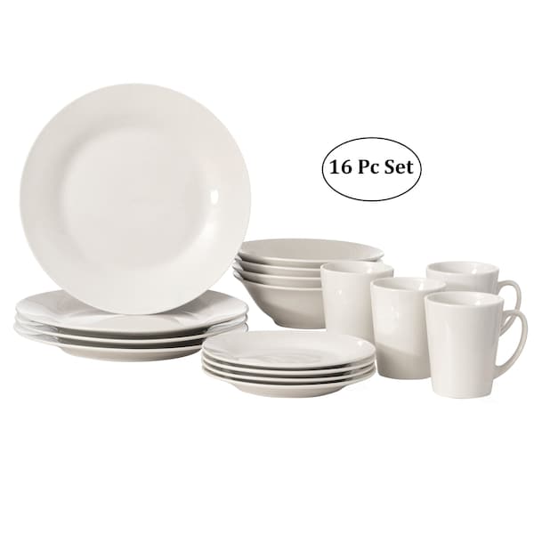 Quickway Imports 16 PC Rimmed Dinnerware Set for 4 Person - Mugs, Salad and Dinner Plates and Bowls Sets, White QI004500 - main